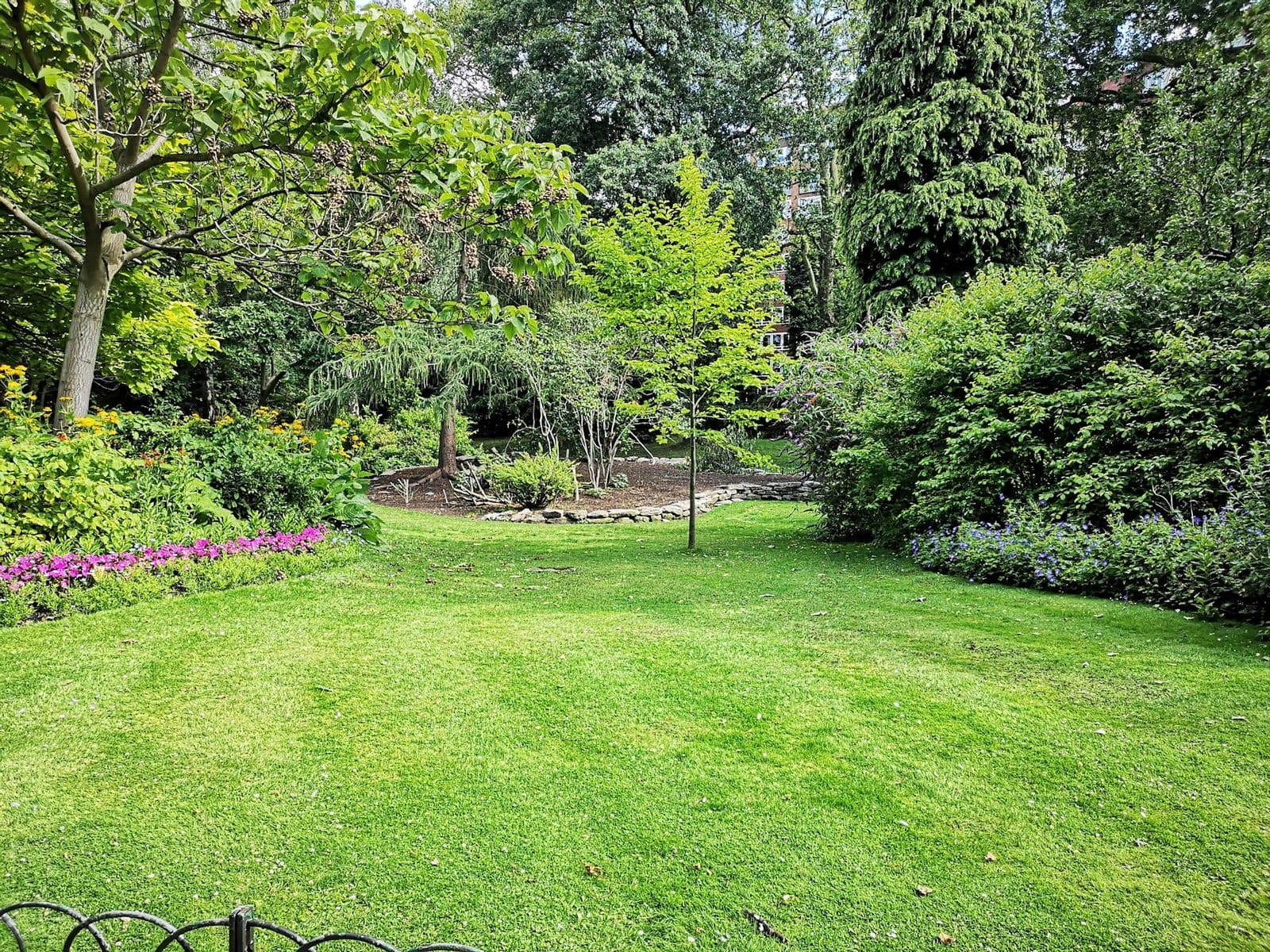 Manicured garden lawn bordered by mature planting