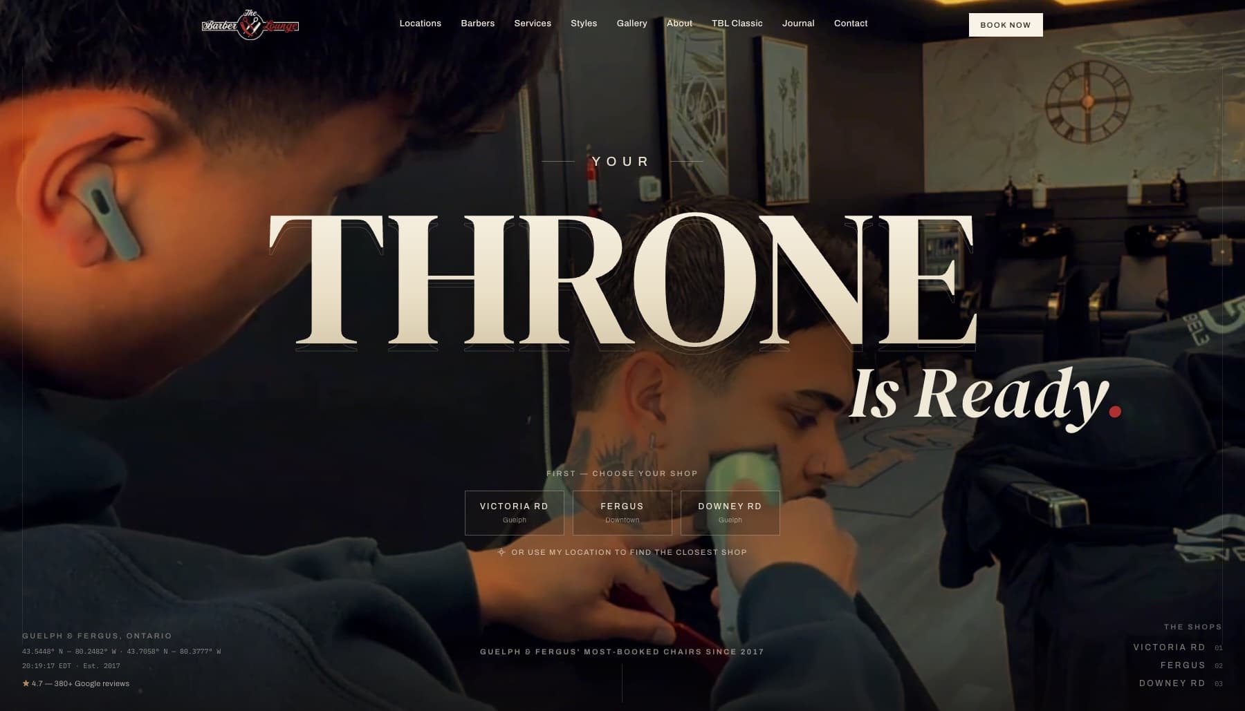 The Barber Lounge homepage — 'Your Throne Is Ready.' over in-shop photography with the choose-your-shop selector