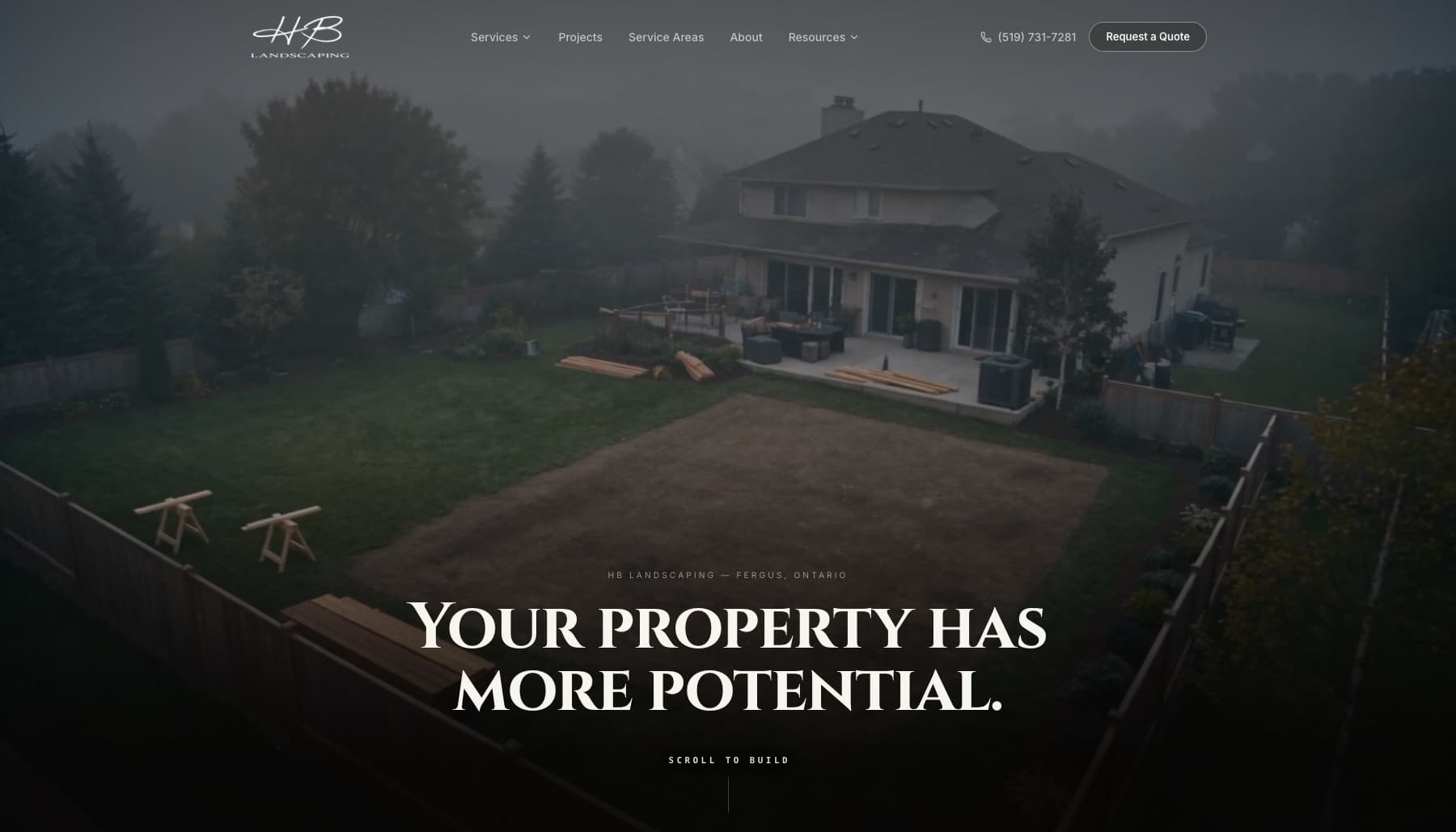 HB Landscaping homepage — 'Your property has more potential.' over a misty aerial of a backyard build