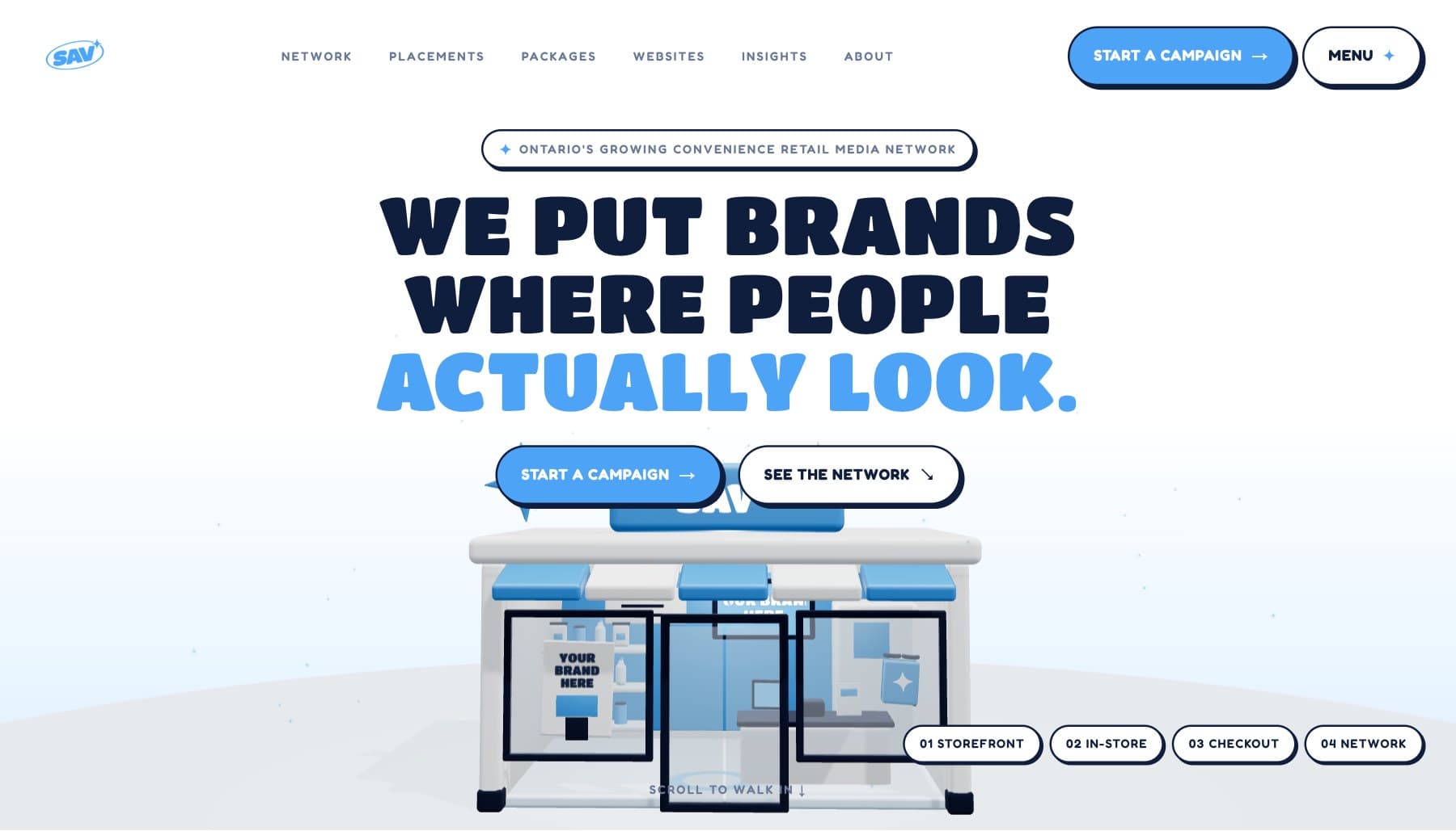 Sav Marketing homepage — 'We put brands where people actually look.' above a 3D convenience store with poster, screen, and checkout placements