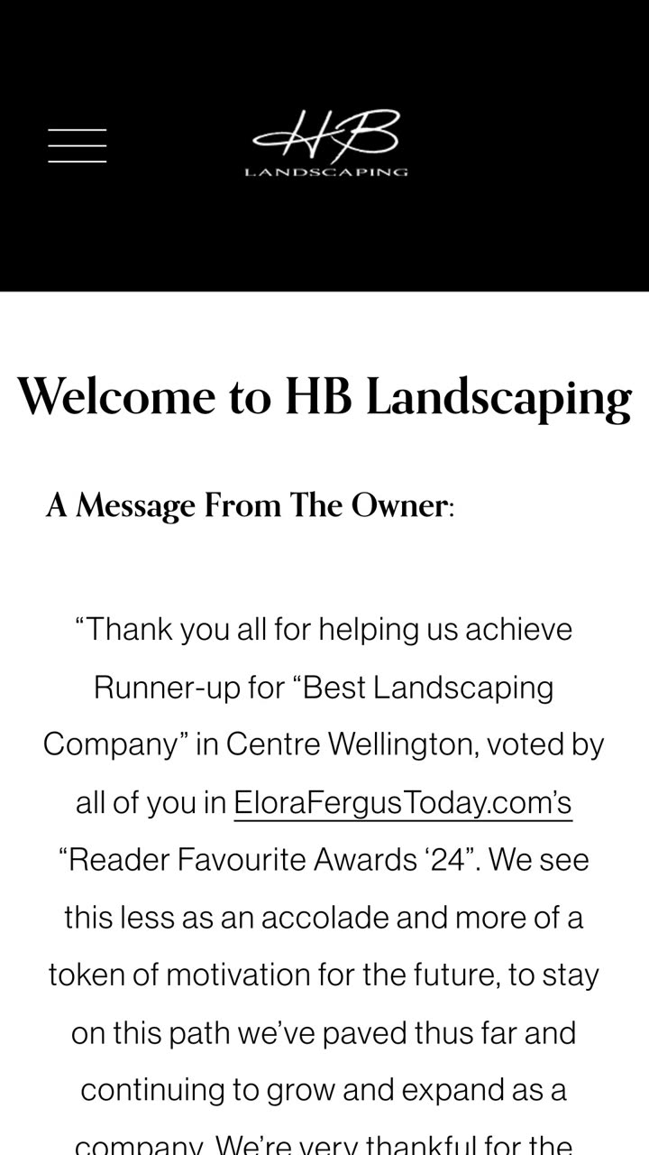 HB Landscaping's previous homepage on a phone, with a welcome message from the owner