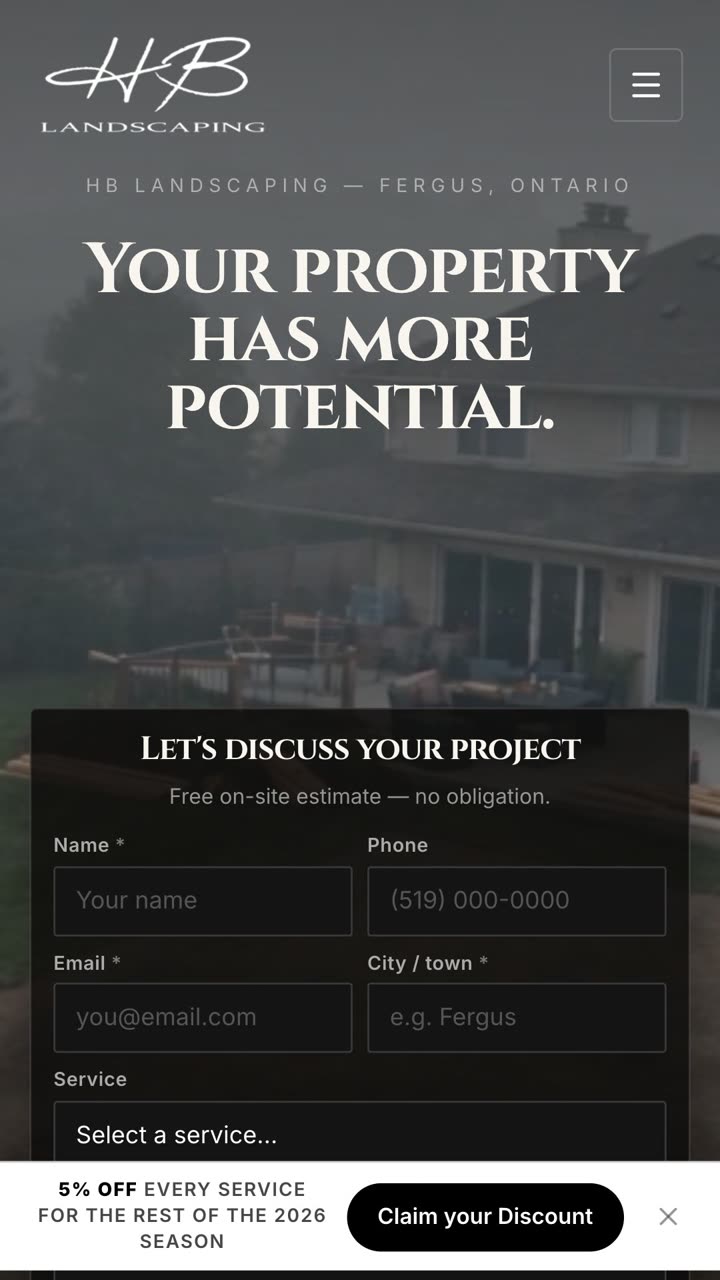 HB Landscaping's new homepage on a phone: 'Your property has more potential.' with the quote form