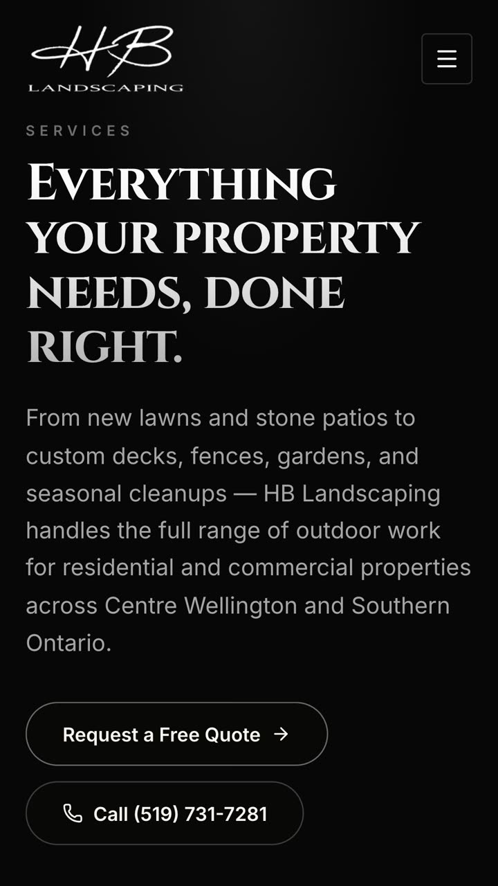 HB Landscaping services page on a phone