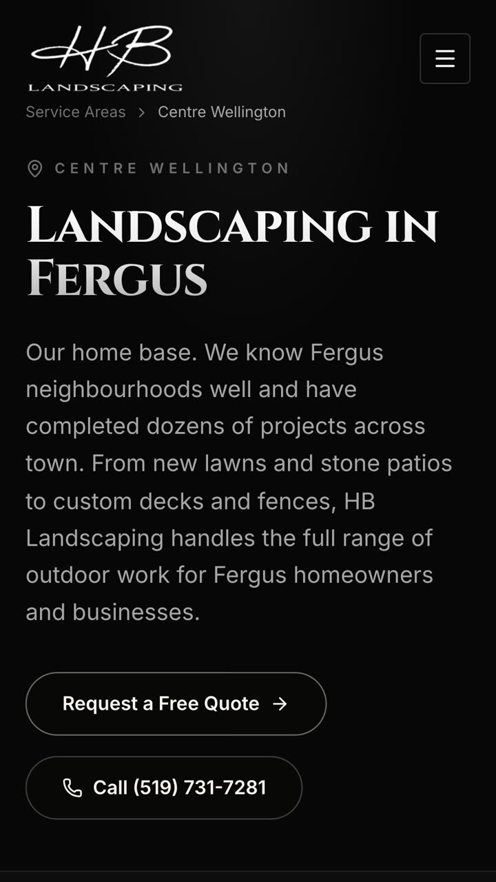 HB Landscaping's Fergus service-area page on a phone