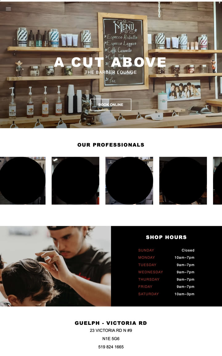 The Barber Lounge's previous homepage, with an in-shop photo and the heading 'A cut above'