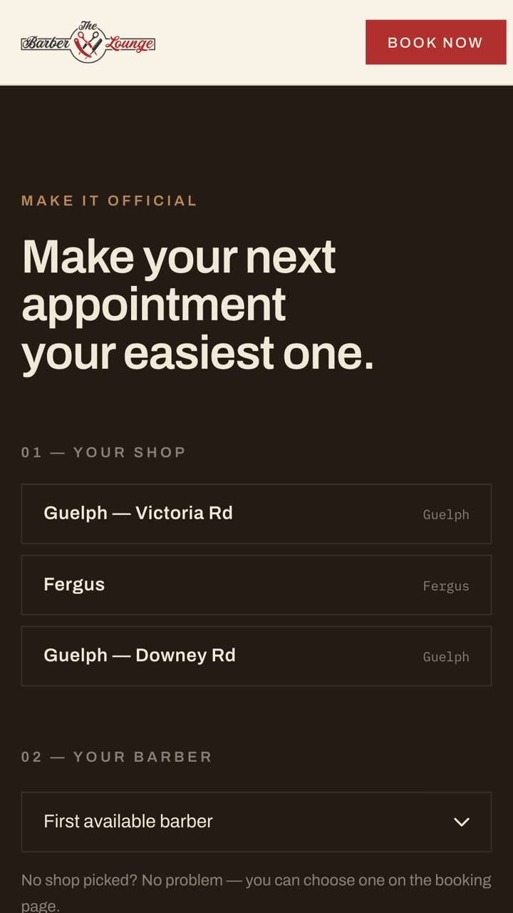 The Barber Lounge booking flow on a phone: choose a shop, then a barber