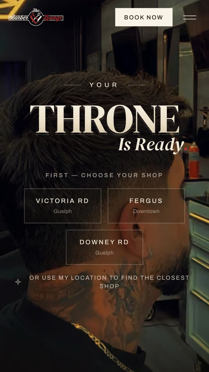 The Barber Lounge's new homepage on a phone: 'Your throne is ready' with the choose-your-shop selector