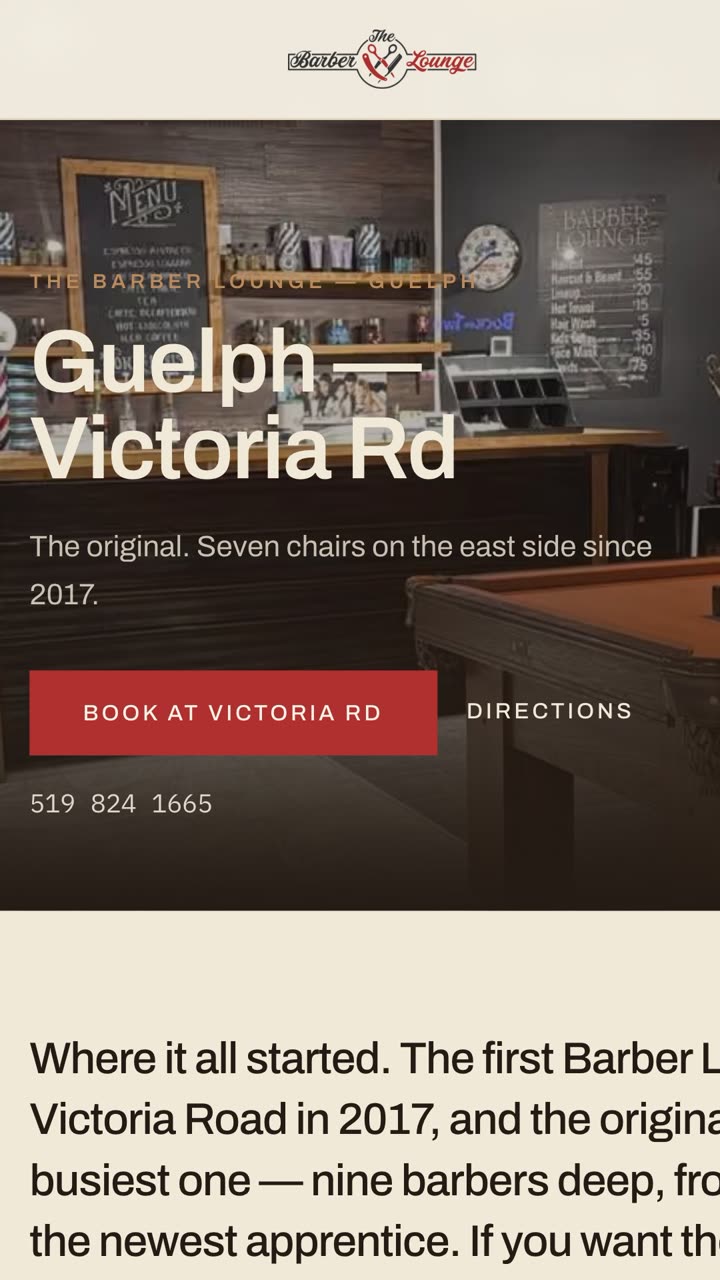 The Barber Lounge's Guelph Victoria Road location page on a phone